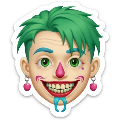 very colorful puffy green haired man made out of candy wearing teeth-braces and excessive face tattoos and excessive piercing just face  sticker