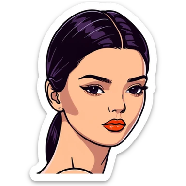 Kendall Jenner, fashion icon, elongated face, plump lips with glossy lipgloss shine sticker