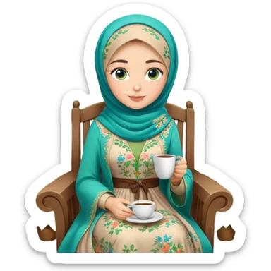 Turkish beautiful finish Konya girls blue eyes with Beautiful light brown green floral hijab long tail dress and in a lovely garden sits on the chair on the ground and holds cup coffe with her hand  sticker
