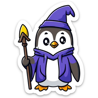 penguin wizard with a magical staff and wizard robe sticker