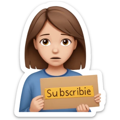 Sad realistic emoji of a young woman with messy hair, holding a cardboard sign that says "PLEASE SUBSCRIBE", emotional begging expression, cinematic lighting, shallow depth of field, soft blurred background, high detail, viral social media style sticker