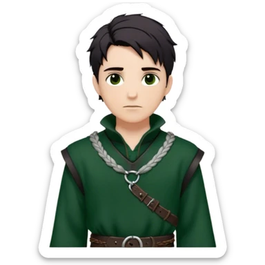 Medieval spring outfit worn by a DnD themed fantasy male character. Forest green wool tunic with silver thread detailing at the collar, secured with a braided leather belt. Clothes only above the waist, full waist coverage. The character has no arms. Character is white-skinned with raven-black hair, deep brown eyes, and tousled short hair. sticker
