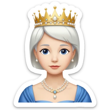 Queen with white short hair – gold tiara, pearl necklace, elegant gown, blue dress sticker