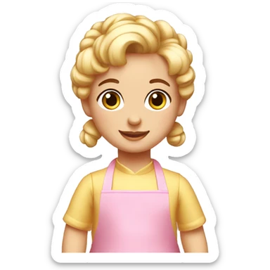 create a gif of a little baker's doll, with a pink apron, blonde hair with a bun who is happy sticker