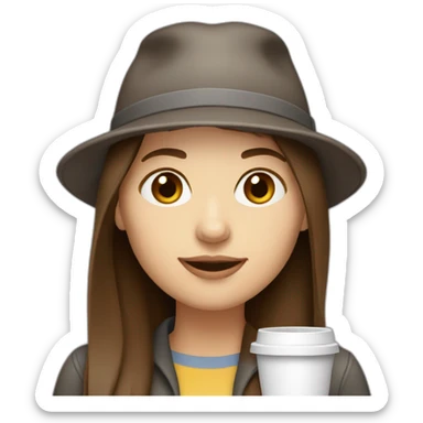 woman with long straight brown hair and pale skin and wearing a laptop hat and drinking coffee sticker
