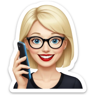 Pin up Woman in her early 50s with pale skin, wider face, blue eyes with eyeliner, thin eyebrows, red lipstick, blonde hair up with bangs, wearing black glasses. Laughing on a mobile phone  sticker