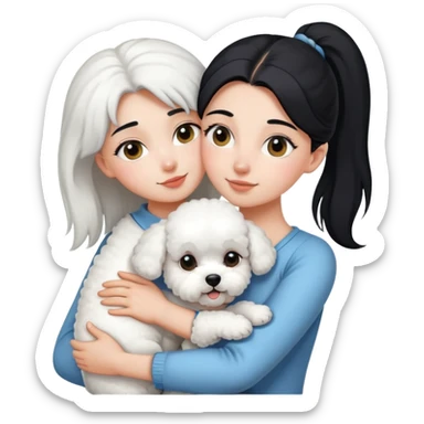 One long face girl with straight black hair in a ponytail，hugging one Bichon frise sticker