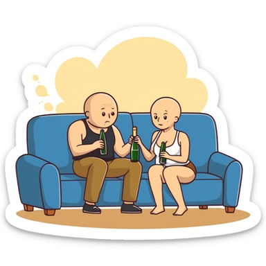 A bald man sitting on a couch. One Caucasian woman with brown hair, big boobs, wearing pants and a tank top, kneeling on the ground. A champagne bottle has exploded  sticker