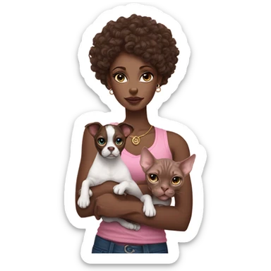Beautiful tattooed curly dark brown haired woman holding a boxer dog and  pink sphinx cat with blue eyes sticker
