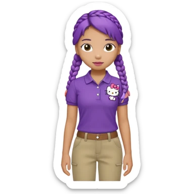 hello kitty wearing purple polo shirt and kyaki pants with long fishtail braids baddie sticker