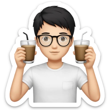 young handsome Asian man with black coffee colored hair, wearing white T-shirt, black framed glasses, holding glasses, very smart, emoji style sticker
