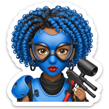 blue curly haired paintball playergirl with huge earrings, wearing paintball mask sticker
