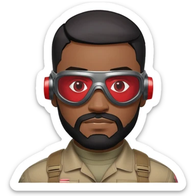 sam wilson have a short, neatly cropped black hair. It is evenly trimmed and close to the scalp, maintaining a clean and military-inspired and  a well-groomed beard that connects to his mustache,  wear sleek, red-tinted tactical goggles fit snugly from captain america: civil war sticker