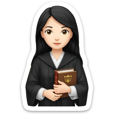white-women-with-long-black -hair-lawyer-in-lawyer’s-robe. Have law book in hand with bookshelf full of law books in the background. sticker