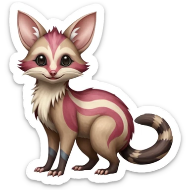 Oriental Painted Zooming Happy Realistic Star-swirled Zany Minccino-Opossum-Numbat-Lykoi-Sphynx-Zangoose-fusion-hybrid-animal-Fakémon-creature, full body, thin long sleek scaly tail, intricate markings sticker