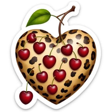 leopard print heart with two dark red cherry without stem  sticker
