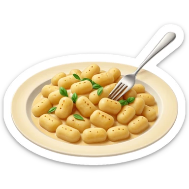 Gnocchi Cinematic Realistic Gnocchi Dish Emoji, depicted as tender oblong potato gnocchi garnished with iconic fork marks on top, rendered with soft textures and warm, inviting lighting. sticker