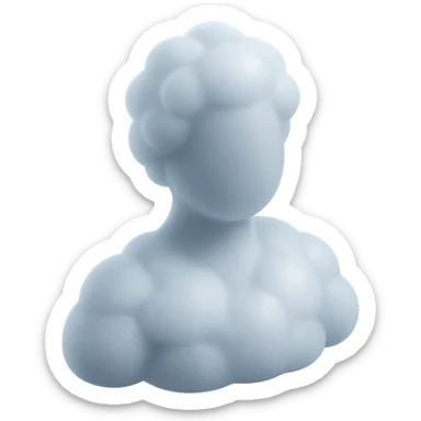 person made entirely of white fluffy convex clouds, shoulder up, front view, matte glass style sticker