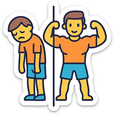 in the picture is devided in to two parts, at the first the sportsman is weak and lazy, but at the second picture the same sportsman is very strong because he doing a workout regularly sticker