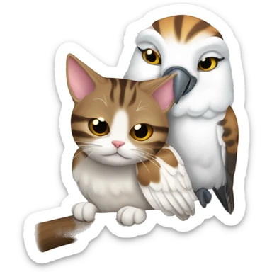 Brown tabby cat and whit cockatoo bird curled up together having a nap. sticker