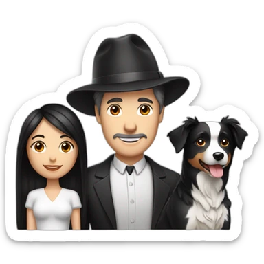 white family group consisting of man in hat and woman with black ponytail long hair and small black border collie dog sticker