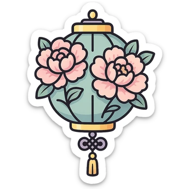 elegant Chinese lantern with peony flowers and decorative elements, detailed shadows and highlights, thin clean outlines, soft rounded shapes, pastel palette #98B5BC, #B5B3C1, #C9A3C9, #E4C0CA, #F7DCD1, #F7C0AA, modern Japanese pop-art and sticker aesthetic, high detail, vector sharpness, soft lighting, transparent background sticker