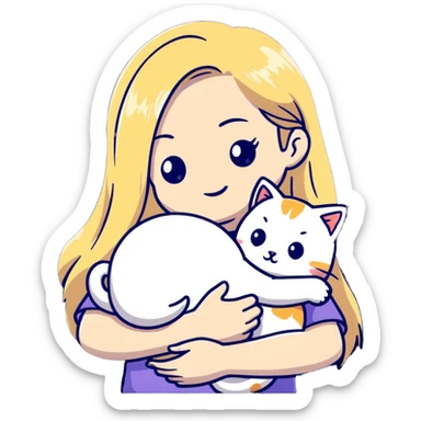 pretty woman with pale skin, very long blonde hair hugging a cat sticker