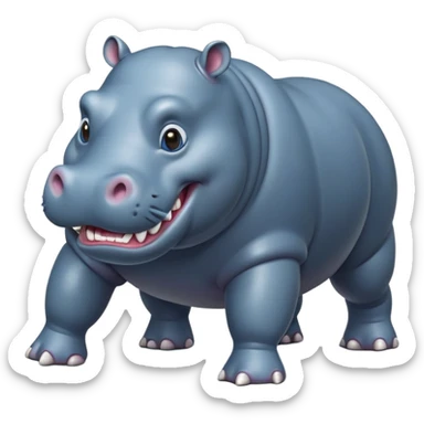 cinematic-hippo-realistic-full-body-side-view-standing-on-all-fours-emoji,-massive-round-frame,-wide-mouthed-grin-exposing-huge-teeth,-head-tilted-dramatically,-thick-greyish blue-hide-glossy, big cute eyes sticker
