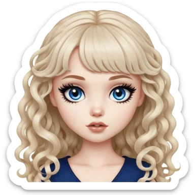 pale skin, bangs long curly brown hair, dark blue eyes, black eyeliner, pretty bratz baddie sticker