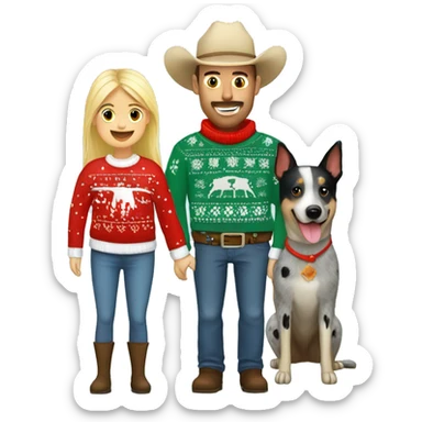 Blue heeler and a blonde girl and cowboy dad all in Christmas sweaters sticker