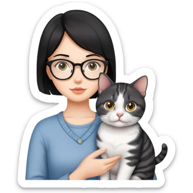 Black haired girl with eyeglasses holding a American shorthair cat sticker