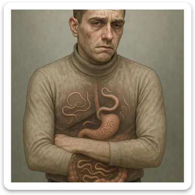 Create a realistic or semi-realistic style image of a 30-year-old man inspired by the reference image. The man should be suffering from multiple illnesses due to intestinal parasites, pale and tired, with an unhealthy appearance. Show visible parasites in the abdomen. Use a medical illustration style and convey a health risk mood. sticker