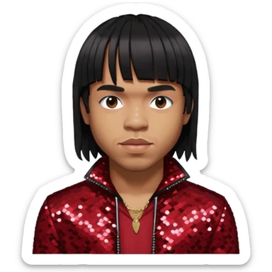 Anderson Paak with long platinum black hair with bang, dark red sequin outfit sticker