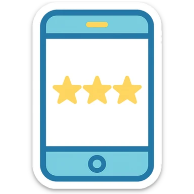 Smartphone icon with three yellow stars aligned in a row on the screen, flat emoji style, outline with blue and turquoise colors, screen filled solid white sticker