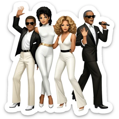 Icon for R&B Music: a collage of iconic R&B artists—Michael Jackson, Beyoncé, Whitney Houston, and Ray Charles. Each artist is depicted in a dynamic, energetic pose, reflecting their unique contribution to the genre. Transparent background. sticker