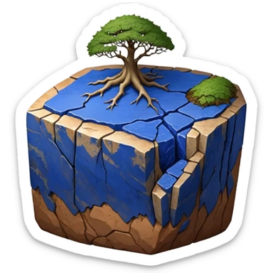 Aged two toned lapis blue terracotta Roots Stoneware akadama moss on soil irregular angular Stone Age rocks cracked crags and broken rough edges forming a very shallow Yixing slab pot sticker