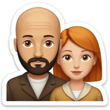 Couple. Bald man with dark brown-black beard. White woman with many small, faded freckles, she has white skin and she has auburn-yellow-brown-cinnamon, dark hair. She has light orange-brown eyes. The man have hazel eyes. Retro style. sticker