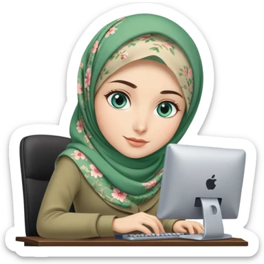 Turkish beautiful finish Konya girl blue eyes and green khaki floral hijab and dress and she work on office with computer sticker