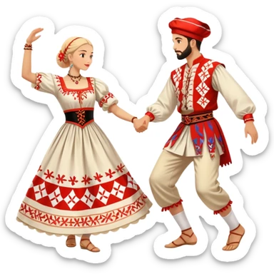 Cinematic Realistic scene of two performers engaging in the Croatian Linđo folk dance, adorned in vibrant traditional costumes with intricate patterns and accessories, captured in graceful, synchronized motion under festive natural lighting. sticker