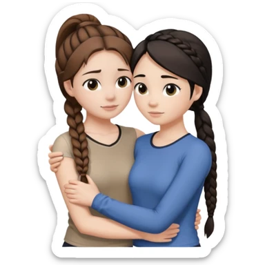 Comforting Hug two white skin women, one shorter woman with brown hair in simple top ponytail, not braided, and one taller woman with black hair in long side braid sticker