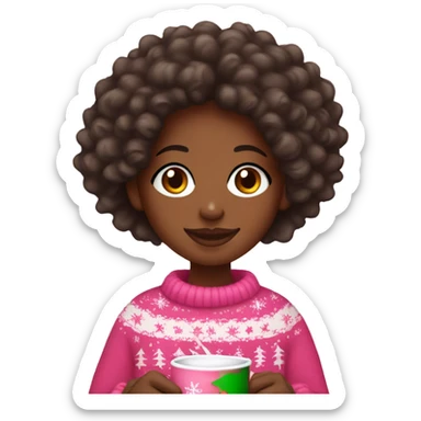 Black girl with curly hair wearing a Christmas sweater and drinking coco in a pink mug  sticker