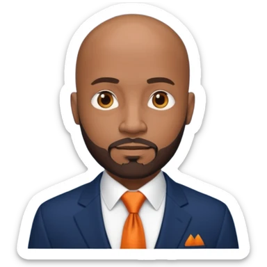 headshot of a sophisticated, stylish, bald head Caribbean black man with a beard and goatee in a navy blue suite, white shirt and dark orange tie sticker