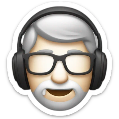 Un visage d’un homme blanc, cheveux châtain avec une barbe bien taillée des lunettes de vue, coiffé en arrière et un casque audio sticker