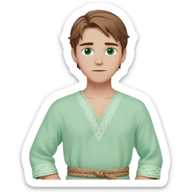 Medieval spring outfit worn by a DnD themed fantasy male character. Pale mint cotton tunic with delicate ivory embroidery at the cuffs, wrapped with a braided jute belt. Clothes only above the waist, full waist coverage. The character has no arms. Character is white-skinned with sun-kissed brown hair, sea-glass green eyes, and shoulder-length straight hair with a gentle sweep. sticker