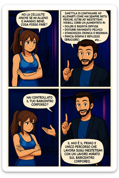 TRASFORMA QUESTO CAROSELLO IN UN FUMETTO STILE MANGA A COLORI CON QUESTE DUE PERSONE IDENTICHE CHE INTERLOQUISCONO TRA LORO:

LUI (UOMO): Smettila di continuare ad allenarti come hai sempre fatto perché, oltre ad inestetismi visibili, corri un aumentato rischio di:
    • dolori e rigidità diffuse
    • disturbi pavimento pelvico
    • stanchezza cronica o insonnia
    • pancia gonfia e reflusso (bruciore)
    • etc… sticker