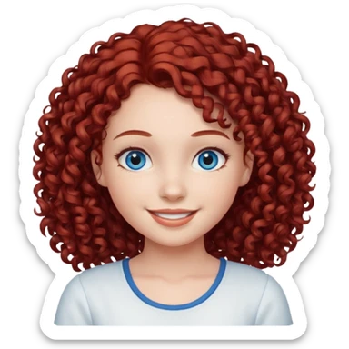 generate a young girl with dark red curly hair, blue eyes. in white top  sticker