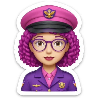 scout girl with very pink scout uniform including hat, dark purple curly haired and glassess sticker