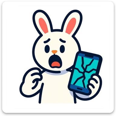 white bunny holding cracked phone with shocked face, vibrant-toon style sticker