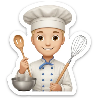Male Young Pastry Chef – smiling, holding whisk and mixing bowl. sticker