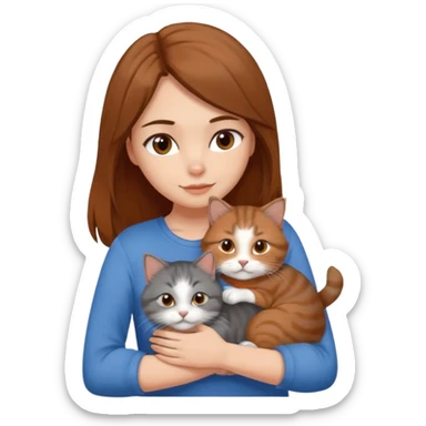 a white girl with brown and hair and a blue top hugging a siberian cat color brown, orange, gray, mixed colors sticker